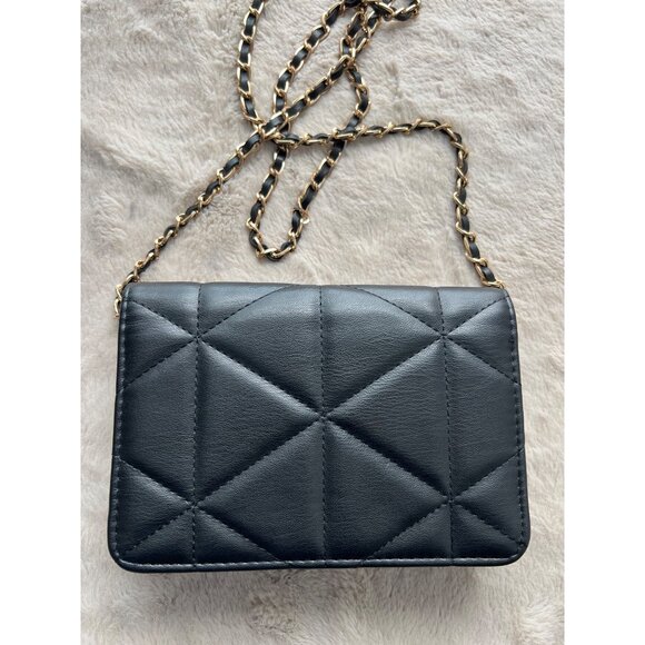 Bebe Quilted Black Leather Crossbody Purse With Gold Chain Strap & Rhinestone Lo - Picture 3 of 15